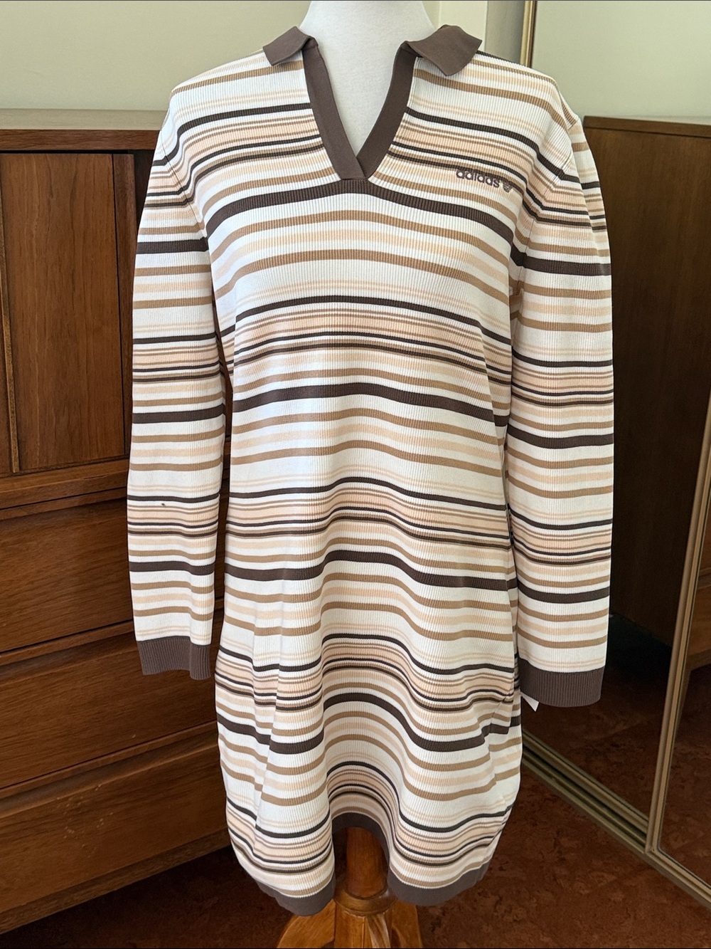 adidas Women’s Striped V-Neck Sweater Dress - Cream & Brown - Large
